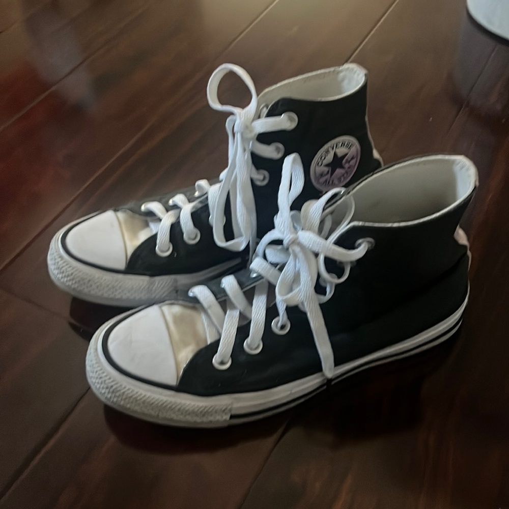 Size 6 black, pink, purple and white converse high tops